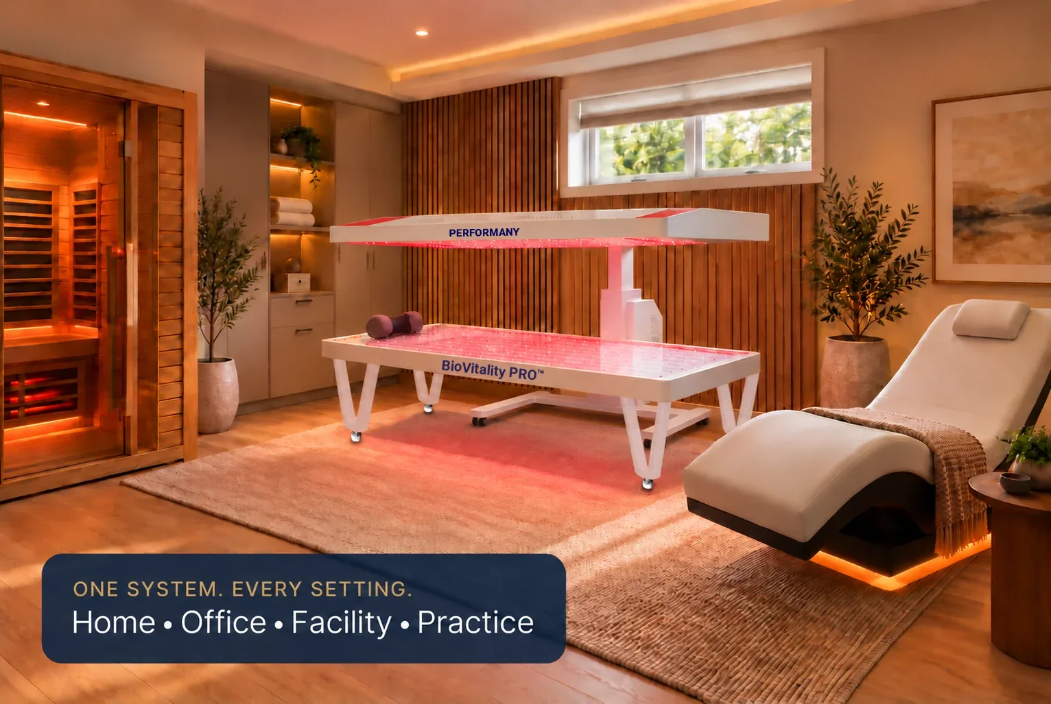 Home wellness suite with the branded BioVitality Pro bed and canopy glowing red at the center, a wooden sauna, towel cabinetry and a lounge chair. Text in the corner: One system. Every setting. Home, Office, Facility, Practice.