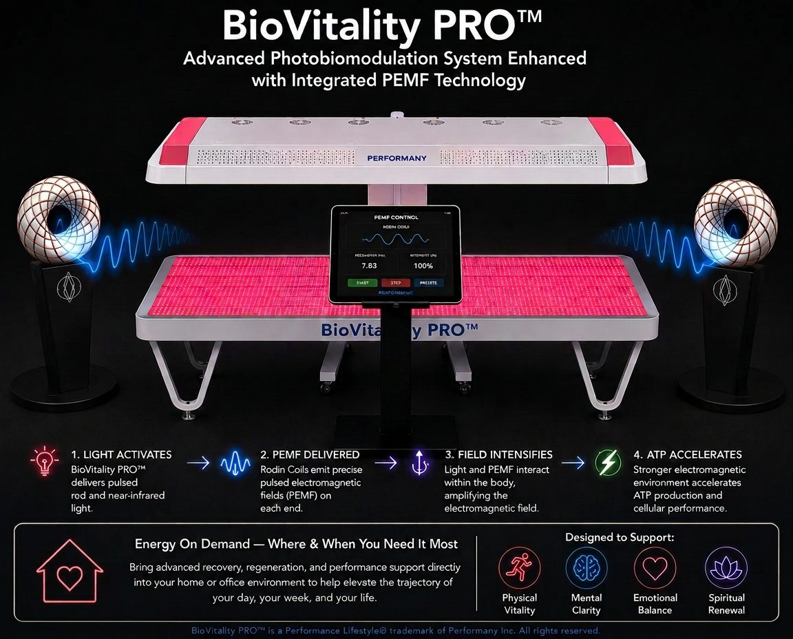 BioVitality Pro full-body system with integrated PEMF Rodin coils on either side, shown with a four-step diagram of how pulsed red and near-infrared light and pulsed electromagnetic fields work together